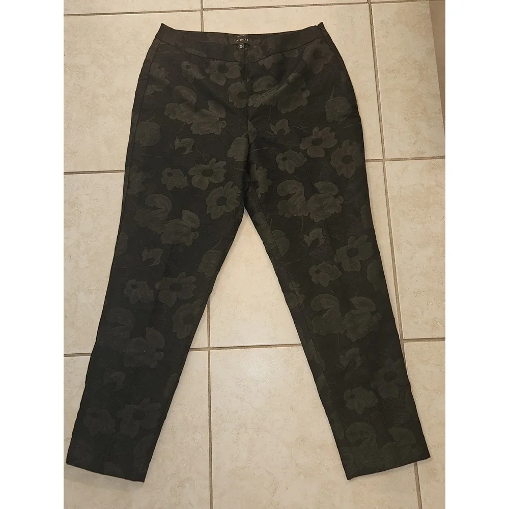 Talbots Heritage Black Floral Jacquard Ankle Pants Side Zip Dress Trousers 10